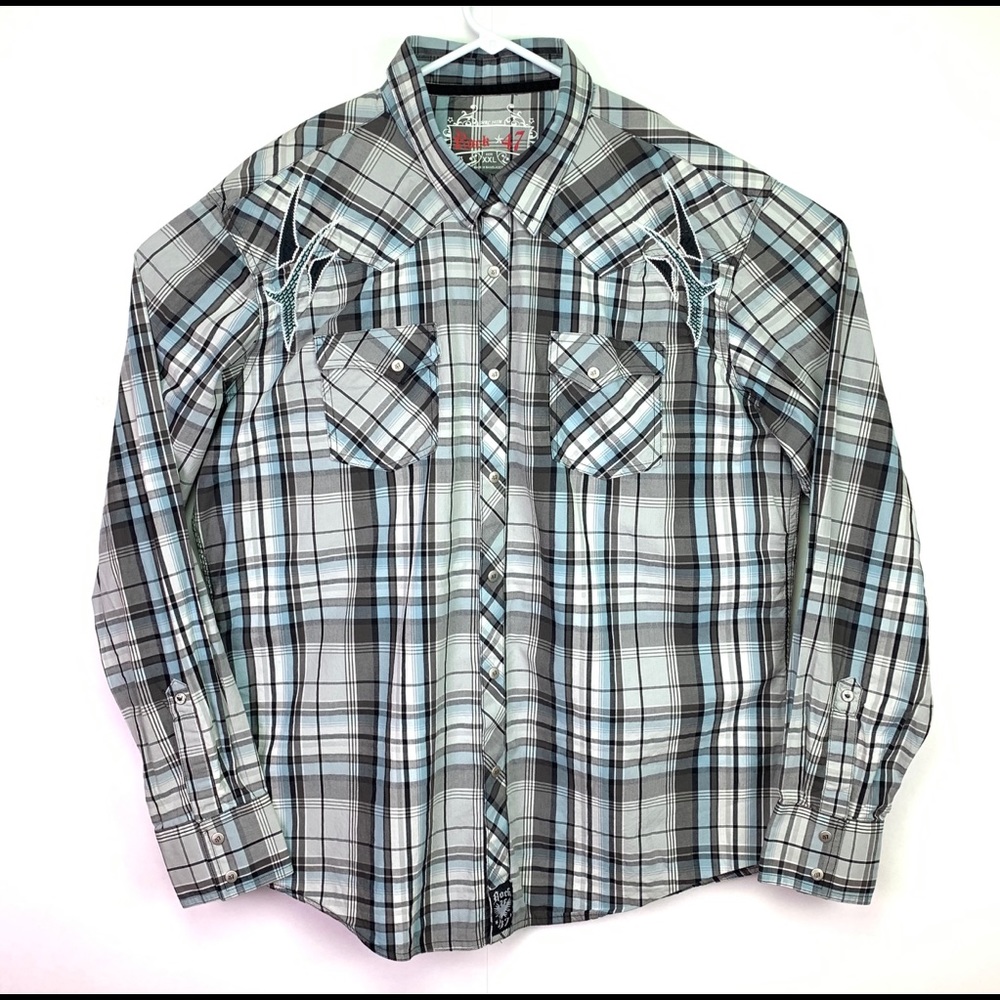 Rock 47 Gray Plaid Embroidered Pearl Snap Western